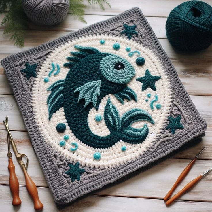 Gab Patterns Beautiful Fish Crocheted Blanket Square - FREE PATTERN - Hand Crafted
